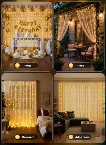600 LED Curtain String Lights, 20 FT Hanging Fairy Lights with Remote, 8 Modes, Waterproof Window Lights for Bedroom Backdrop Wedding Outdoor Christmas Party, Warm White