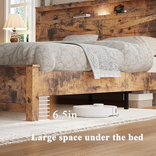 King Size Farmhouse Wooden Bed Frame with Storage Headboard, view 6
