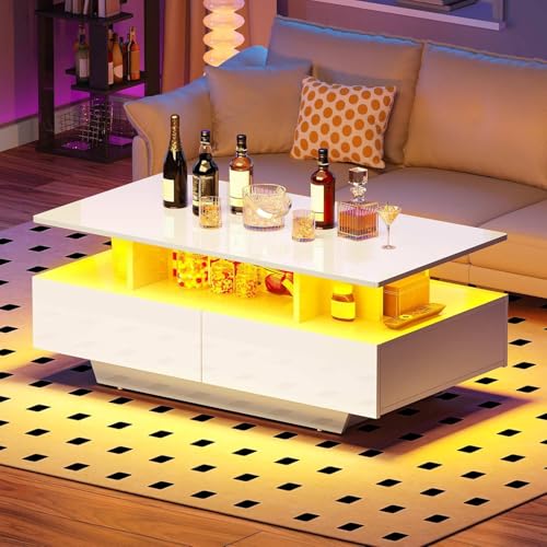 LED Coffee Table with Storage 4 Drawers, Modern High Glossy Coffee Tables for Living Room, White Rectangle Coffee Table Small Center Table with Open Display Shelf & Sliding Drawers, White