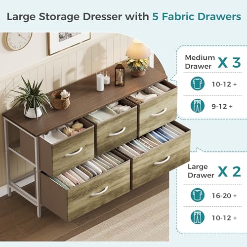 Dresser for Bedroom with 5 Drawers, Wide Chest of Drawers, Fabric Bedroom Dresser with Drawer Organizer, Storage Organizer Unit with Fabric Bins for Closet, Living Room, Hallway, Greige Oak
