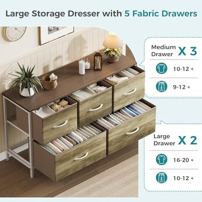 Dresser for Bedroom with 5 Drawers, Wide Chest of Drawers, Fabric Bedroom Dresser with Drawer Organizer, Storage Organizer Unit with Fabric Bins for Closet, Living Room, Hallway, Greige Oak
