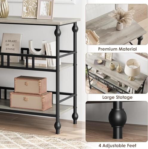 43" Console Table, 3-Tier Entryway Narrow Side Table with Shelves, Sofa Table for Living Room, Hallway, Bedroom, Rustic (Gray)