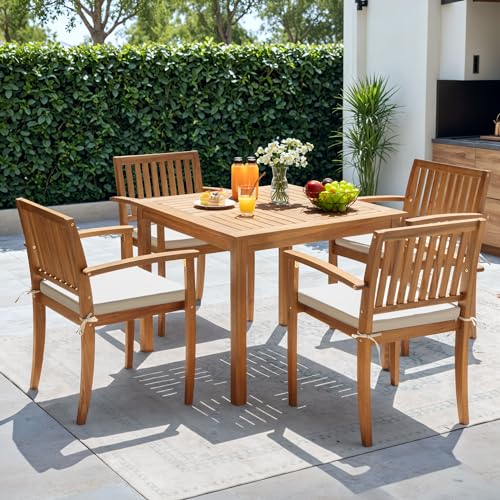 5 Piece Patio Dining Set Outdoor Solid Wood Furniture for Yard, Garden, Porch w/Square Tabletop & 4 Chairs, White