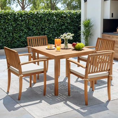 5 Piece Patio Dining Set Outdoor Solid Wood Furniture for Yard, Garden, Porch w/Square Tabletop & 4 Chairs, White