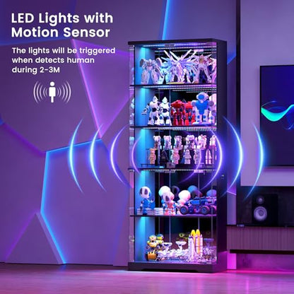 Glass Display Cabinet with Doors and RGB LED Lights | 69" Tall Curio Cabinet, 5-Tier Wooden Shelves, Lockable Display Case, Motion Sensor, for Collectibles, Living Room, Black
