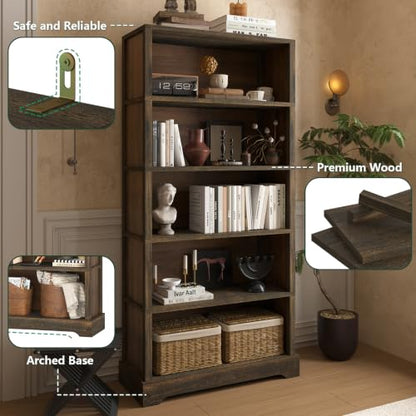 5 Tiers Wooden Bookshelf, 65.2" Tall Farmhouse Style Open Bookcase, view 6