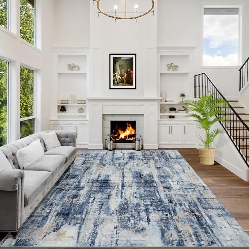 8x10 Area Rugs Washable Rug: Large Modern Abstract Living Room Rug Soft Anti-Skid Thin Carpet Indoor Floor Non-Shedding Carpets for Bedroom Dining Room Farmhouse Nursery Home Office Blue Gold