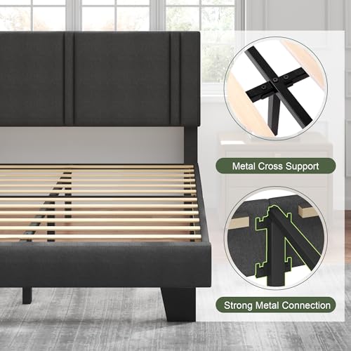 Queen Platform Bed Frame, Fabric Upholstered Queen Bed Frame, view 6
