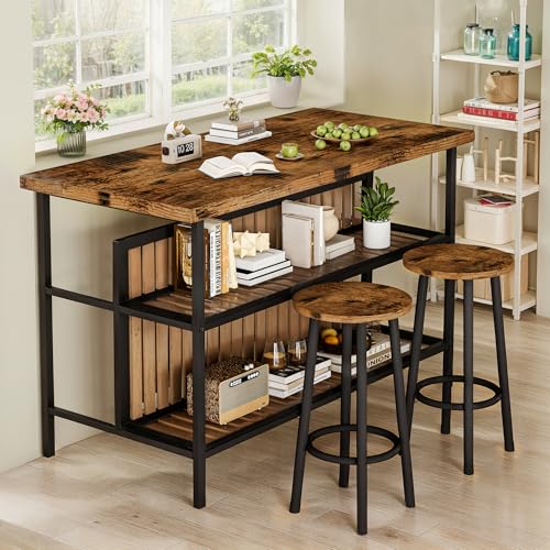 Kitchen Island with Seating & Storage, Farmhouse Dining Table Set for 2, Space-Saving 3 Piece Dining Set Table & Chairs Island Table for Kitchen, Apartment, Dining Room, Rustic Brown