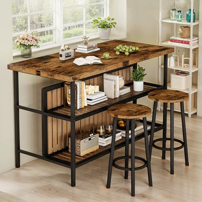 Kitchen Island with Seating & Storage, Farmhouse Dining Table Set for 2, Space-Saving 3 Piece Dining Set Table & Chairs Island Table for Kitchen, Apartment, Dining Room, Rustic Brown