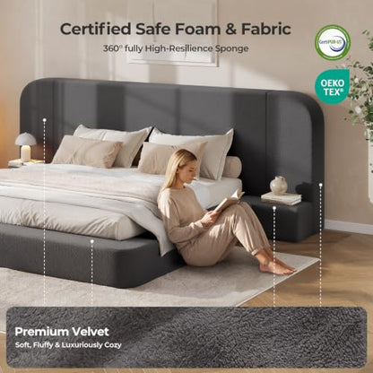 Upholstered Cloud Bed Frame Queen with Wide Headboard，Nightstands, Grey, view 5