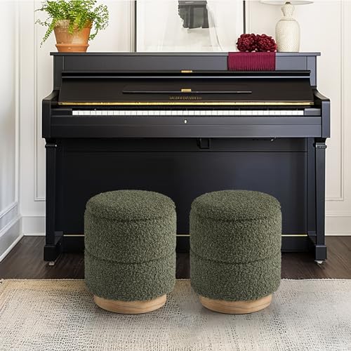 Round Ottoman with Storage, Modern Boucle Ottoman Upholstered Foot Stool with Wood Base, Vanity Stool Chair, Footrest Extra Seat for Living Room Bedroom Entryway (Olive Green)