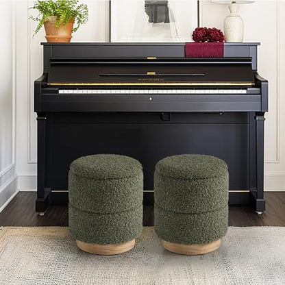 Round Ottoman with Storage, Modern Boucle Ottoman Upholstered Foot Stool with Wood Base, Vanity Stool Chair, Footrest Extra Seat for Living Room Bedroom Entryway (Olive Green)
