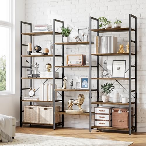 Triple Wide 5 Tier Bookshelf, Rustic Industrial Style Bookcases with 14 Open Display Shelves, Modern Tall Bookcase Furniture for Bedroom, Living Room and Home Office, Vintage