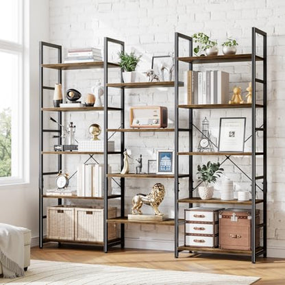 Triple Wide 5 Tier Bookshelf, Rustic Industrial Style Bookcases with 14 Open Display Shelves, Modern Tall Bookcase Furniture for Bedroom, Living Room and Home Office, Vintage