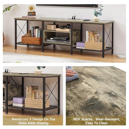 TV Stand with Power Outlets for 65 Inch Industria Media Entertainment Center with Charging Station, 3-Tier Open Shelves & Metal Frame for Living Room, Bedroom, 55 Inch, Grey