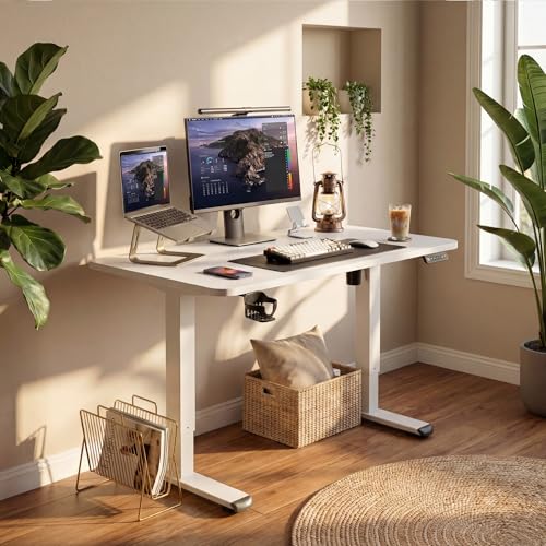 Electric Standing Desk, 40 x 24 Inches Height Adjustable Sit Stand up Desk, Memory Preset Computer Home Office Desks with Sturdy Metal Frame, Phone Stand Cable Management Hole (White, 40'')