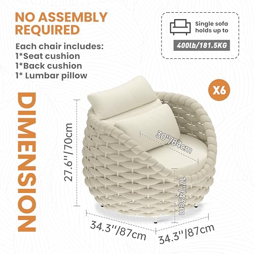 Patio Accent Chairs Set of 6: Aluminum Porch Lounge Chair with Arms - Woven Rope Cushioned Armchair - Modern One Seater Sofa - Outdoor Deck Furniture for 400lbs Balcony Yard Garden Hotel, Beige