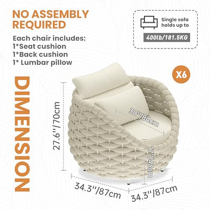 Patio Accent Chairs Set of 6: Aluminum Porch Lounge Chair with Arms - Woven Rope Cushioned Armchair - Modern One Seater Sofa - Outdoor Deck Furniture for 400lbs Balcony Yard Garden Hotel, Beige