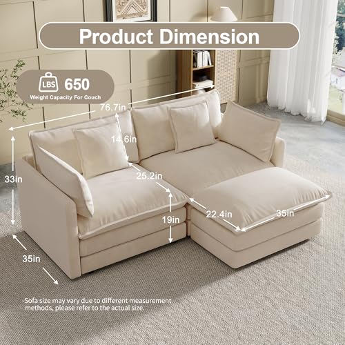 Modular Sectional Sofa, 76.7 Inch L-Shaped Cloud Sofa with Deep Seat Comfortable Chenille Sofa with Cushion Double Sectional Sofa for Living Room Apartment,Light Coffee