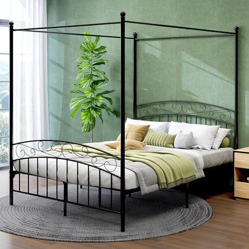 Metal Canopy Bed Frame Queen Size Four-Poster Black, view 4
