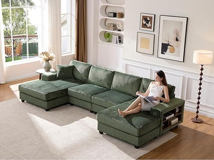 137” Oversized Corduroy Sectional Sleeper Sofa with Double Storage Chaise, U Shaped 4 Seat Sectional Couch,Green