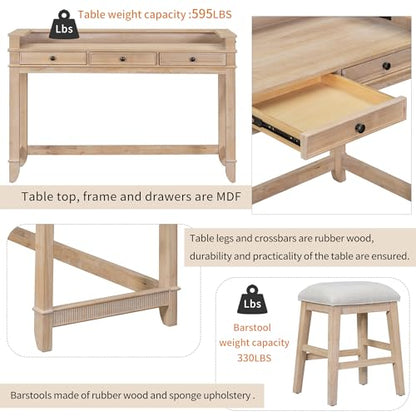 4 -Piece Farmhouse Dining Table Set with USB Charging/Drawers Wood Table with 3 Cushion Stool for Kitchen Dining Room Natural Wood Wash