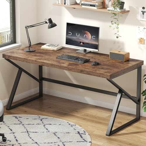 Rustic Computer Desk, Large Executive Writing Study Work Desk for Home Office, Industrial Metal Wooden PC Laptop Long Desk Workstation, Modern Bedroom Living Room Table, Rustic Brown, 60 Inch