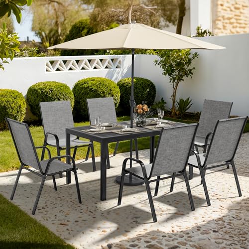 Outdoor Dining Sets for 6, Rectangular Steel Slat Table with 6 Textilene Chairs, 7 Piece Patio Table and Chairs Set with Umbrella Hole for Patio, Garden, Backyard and Poolside (Grey)