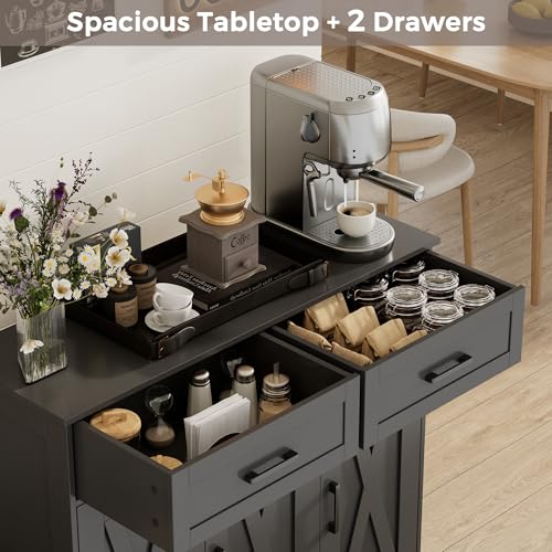 Sideboard Buffet Cabinet, Coffee Bar Storage Cabinet with Drawers and Doors, Farmhouse Kitchen Cabinet with Adjustable Shelves, for Kitchen, Dining Room, Living Room, Black