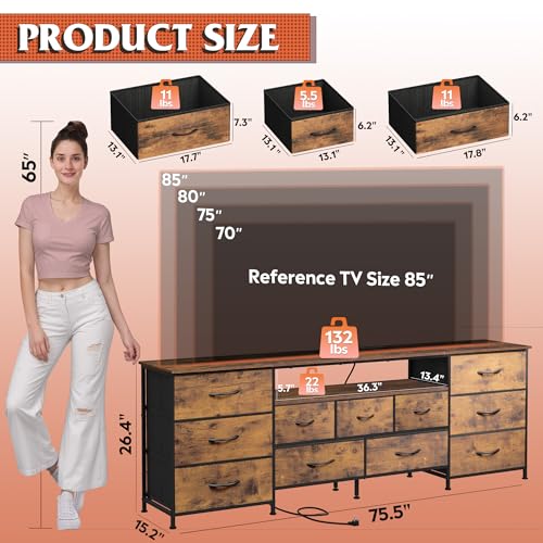 Dresser TV Stand for 85 Inch TV, 11 Drawer LED Dresser, Rustic Brown, view 3