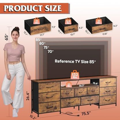 Dresser TV Stand for 85 Inch TV, 11 Drawer LED Dresser, Rustic Brown, view 3