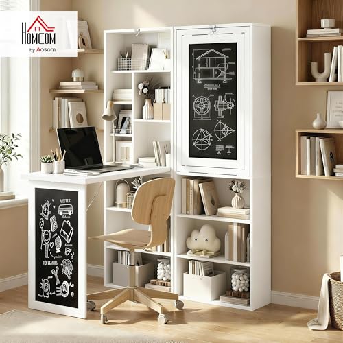 Foldable Convertible Writing Table, Wall Mounted Space-Saving Computer Desk with Chalkboard and Storage Shelves for Small Spaces, Home Office, Bedroom, Dorm, Apartment, White