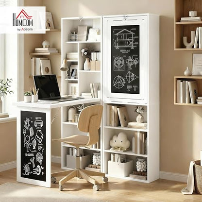 Foldable Convertible Writing Table, Wall Mounted Space-Saving Computer Desk with Chalkboard and Storage Shelves for Small Spaces, Home Office, Bedroom, Dorm, Apartment, White