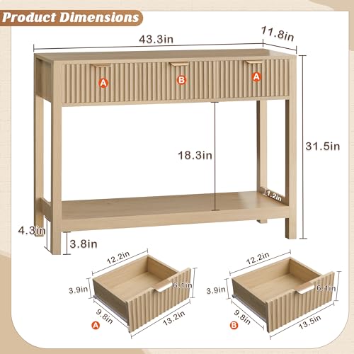Fluted Console Table, Wooden Sofa Table with Storage and Drawers, Farmhouse Behind Couch Table Entryway Table for Entrance, Hallway, Living Room, Oak