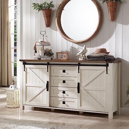 60" Wide Farmhouse Sideboard Buffet Cabinet, Antique White, view 4