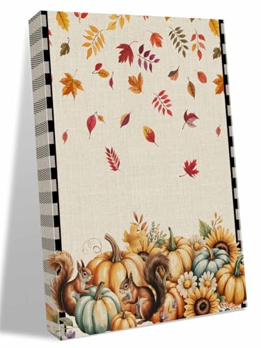 NuYeBiofx Thanksgiving Pumpkins Squirrel Canvas Wall Art Prints,48"x32" Framed Picture Artwork Maple Leaves Black Plaid Printed Canvas Oil Painting for Living Room Bedroom Office,Ready to Hang