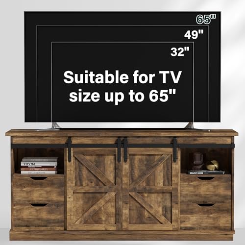TV Stand for 65" TV, 4 Drawers, Sliding Barn Doors, Brown, view 7
