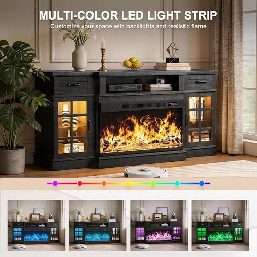 70" Fireplace TV Stand, 3-Sided Glass Fireplace and Modern Entertainment Center, view 7
