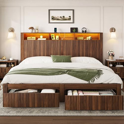King Size Bed Frame and Headboard& 2 Storage Drawers, Walnut, view 2