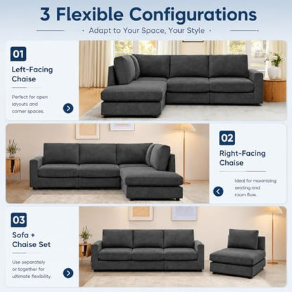 100" L-Shaped Sectional Couch with Reversible Deep Chaise, Grey | Comfy Chenille Modular Sectional Sofa, 4-Seater Corner Couch for Living Room, Apartment, Home Theater, Removable Covers