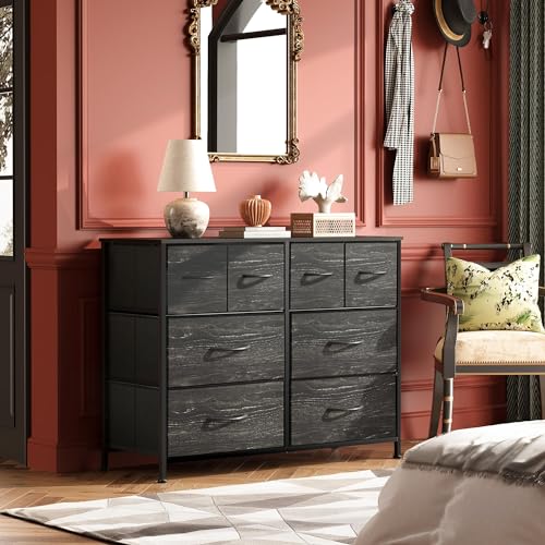 Wide Dresser for Bedroom, 8 Drawer Chest of Drawers, Black Wood Grain, view 6