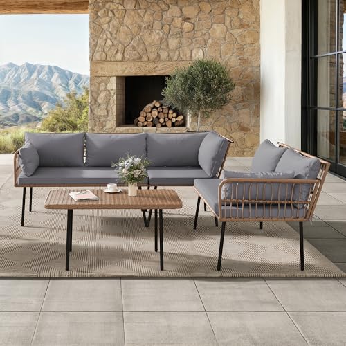 4-Piece Wicker Patio Furniture Set, All Weather PE Rattan Conversation Set Sectional Sofa with Soft Cushions & Side Table, Porch Furniture for Deck, Balcony, Backyard - Gray