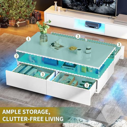 LED Coffee Table with Storage 4 Drawers, Modern High Glossy Coffee Tables for Living Room, White Rectangle Coffee Table Small Center Table with Open Display Shelf & Sliding Drawers, White