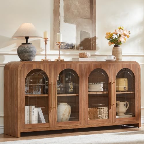 65" Sideboard Buffet Cabinet with Arched Glass Doors, Brown, view 2
