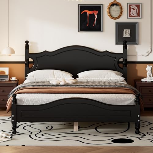 JIVOIT Retro Style Platform Bed with Headboard and Footboard, Queen Size Wood Platform Bed Frame with Wooden Slat Support, Solid Wood Foundation, No Box Spring Required (Black,Queen,5)