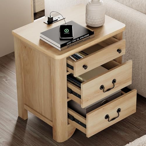 4 Piece Bedroom Set - Includes Farmhouse 3 Drawer Storage Cabinet, Set of 2 Bedside Tables with Charging Station, Dresser and Nightstand Sets, Oak