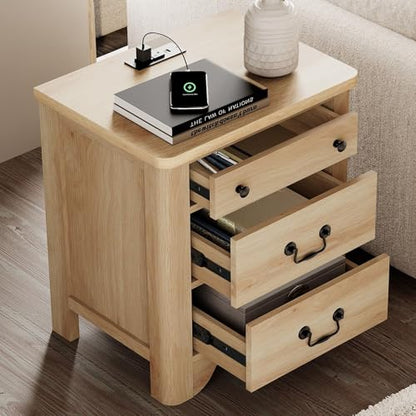 4 Piece Bedroom Set - Includes Farmhouse 3 Drawer Storage Cabinet, Set of 2 Bedside Tables with Charging Station, Dresser and Nightstand Sets, Oak