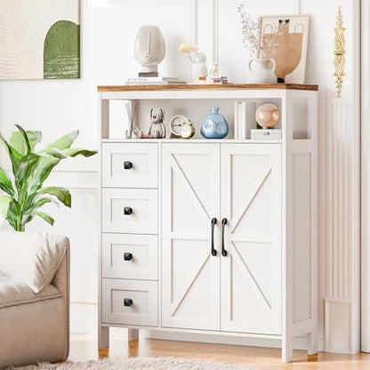 Farmhouse Storage Cabinet with 2 Doors and 4 Drawers, Freestanding Bathroom Cabinet Kitchen Pantry, Floor Storage Cabinets Hutch Cupboard for Kitchen/Living Room/Bathroom （Unique White）