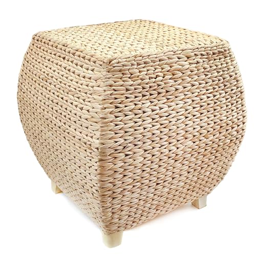 Square Hand Woven Natural Braided Cattail Ottomans Pouf | Natural Handwoven, Bohemian Style Sturdy and Durable，Footstools for the Living Room and Bedroom, Stools for Outdoor Patio